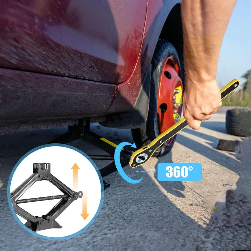 Heavy-Duty Scissor Jack Ratchet Wrench – 360° Rotating Tire Lift Tool with Cross Adapter Kit - Image 6